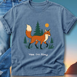 T-shirt with a walking fox illustration and the text "Yes, I'm foxy."