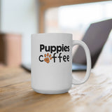 White mug with "Puppies and coffee" text and paw print.