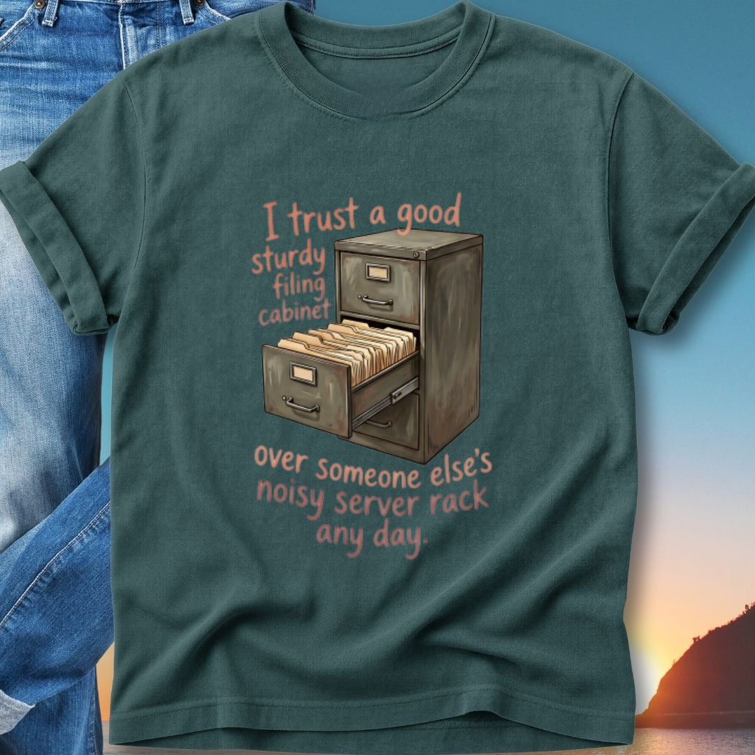 T-shirt with illustration of filing cabinet and text about trust.