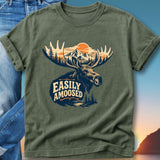 T-shirt with a moose graphic, mountains, and the text "Easily A-moosed".