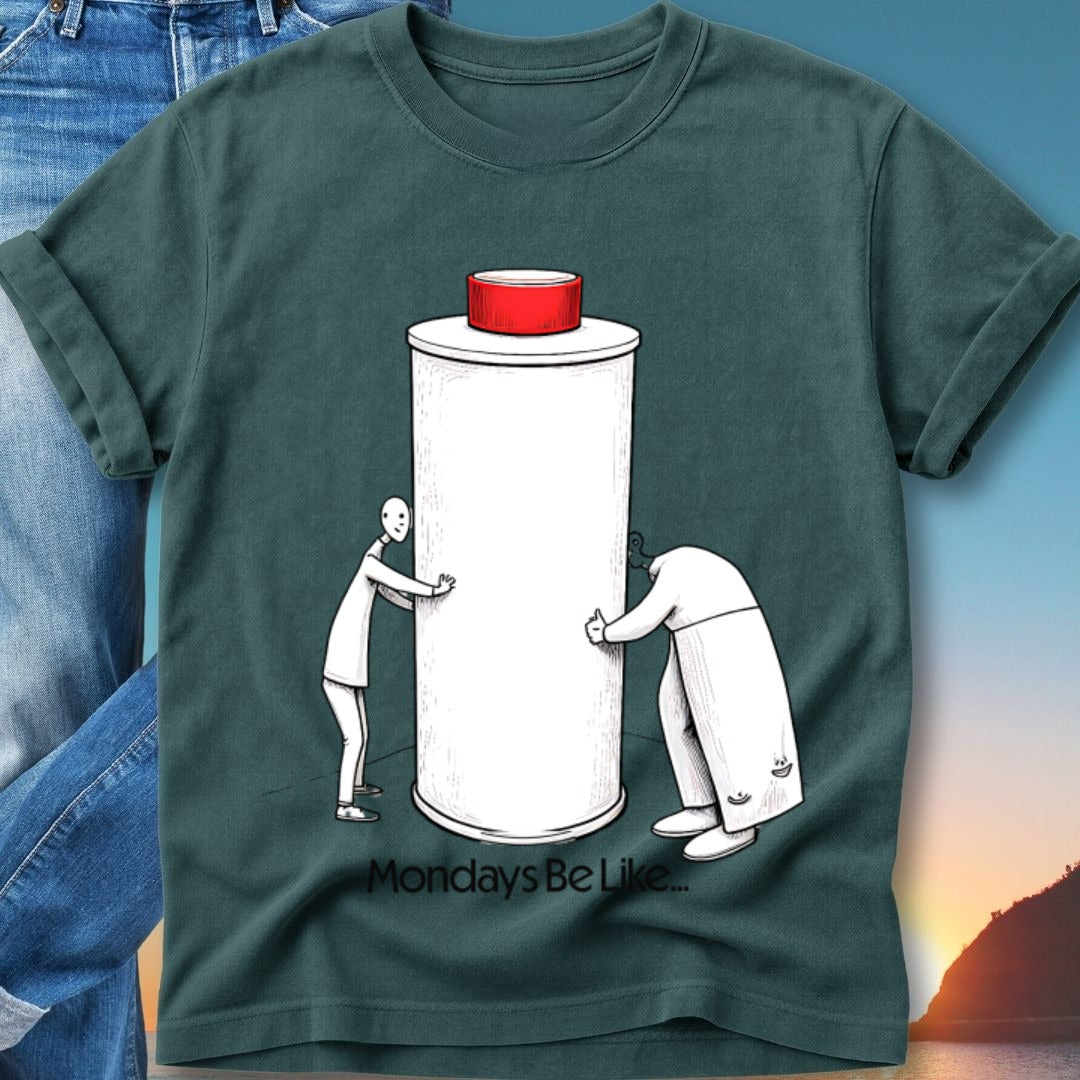Two cartoon figures hug a giant white cylinder with a red top.