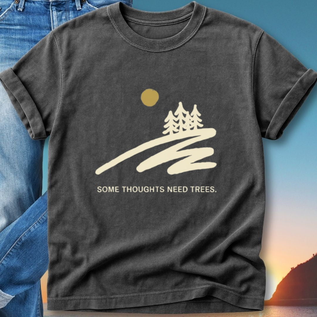 Dark grey t-shirt with a minimalist sun and tree design and text.