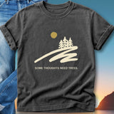 Dark grey t-shirt with a minimalist sun and tree design and text.