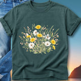 Dark teal t-shirt with a watercolor floral bouquet featuring dandelions and greenery.