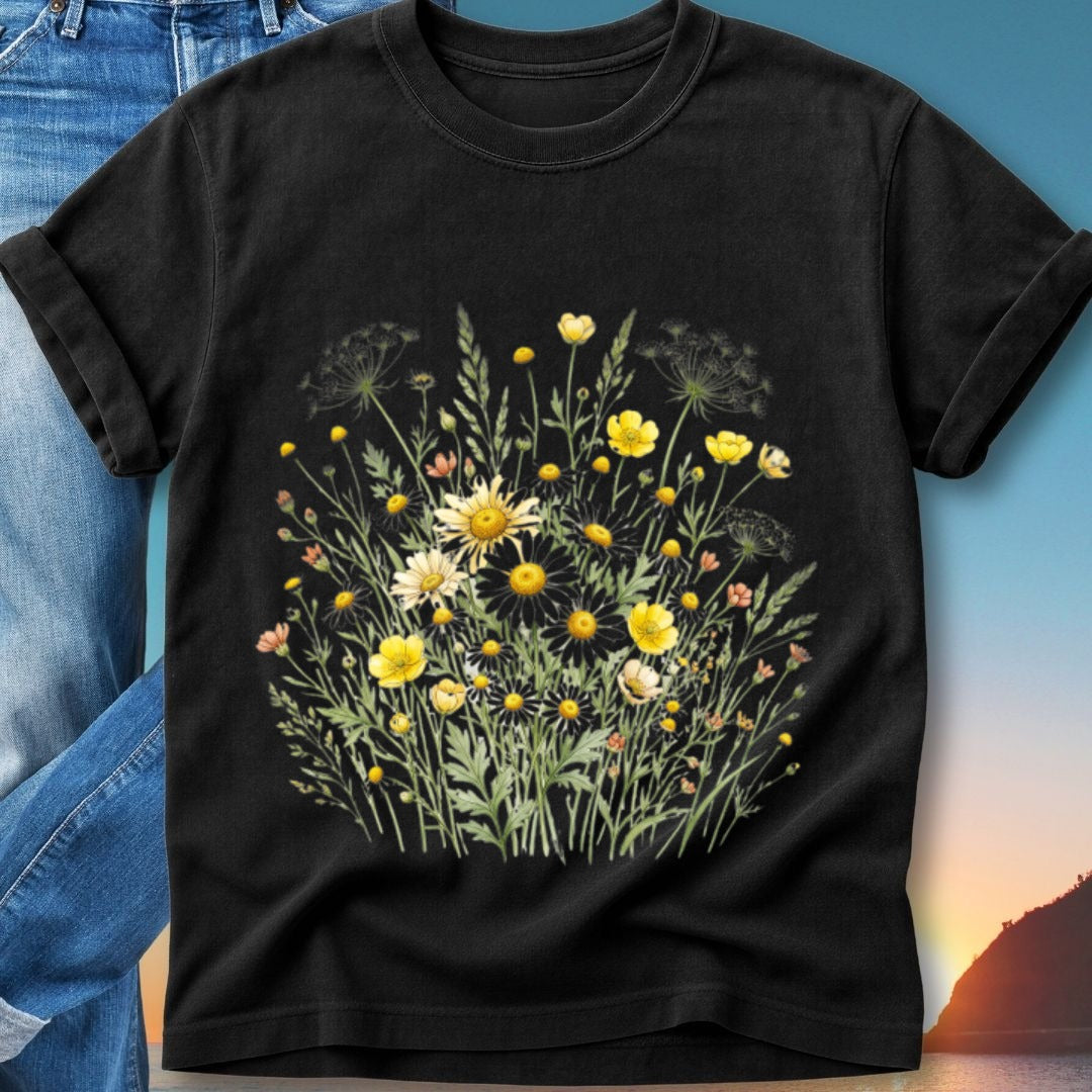 Black t-shirt with a watercolor floral print of yellow and white wildflowers.