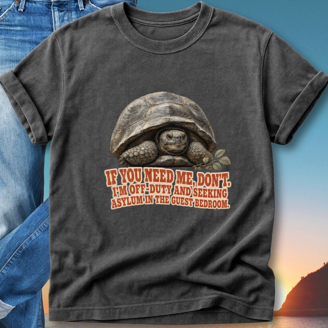 T-shirt with tortoise graphic and text about seeking asylum in the guest bedroom.