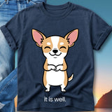 Navy t-shirt with a cartoon chihuahua smiling, wearing a black bandana, text "it is well."