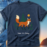 Navy t-shirt with a walking fox illustration and the text "Yes, I'm foxy."