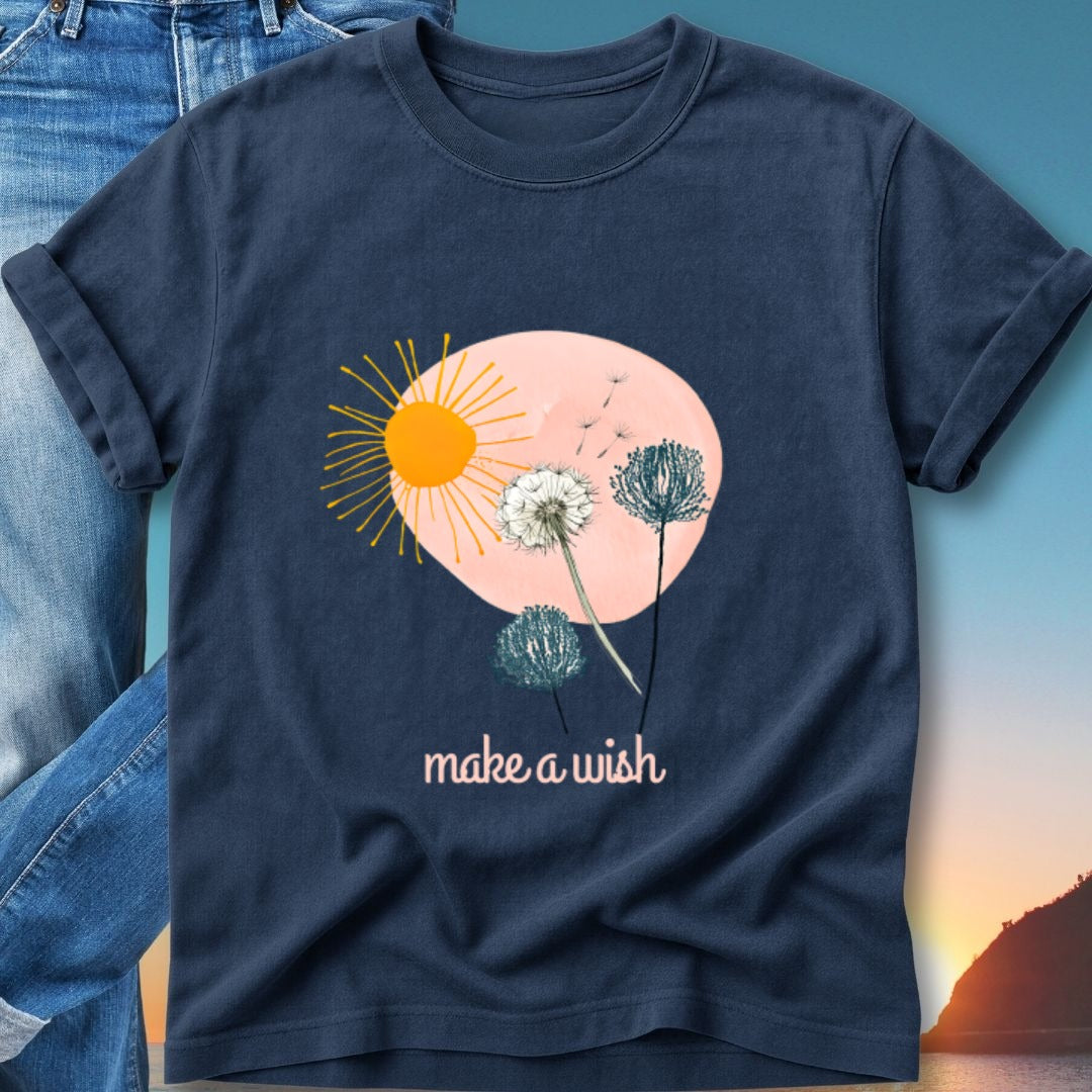 Navy t-shirt with a sun, dandelions, and "make a wish" text.