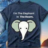 Dark blue t-shirt with "I'm The Elephant In The Room" and cartoon elephant.