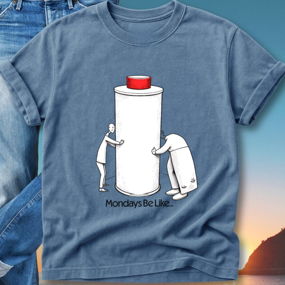 Illustration of two people hugging a large white cylinder labeled "Mondays Be Like..."