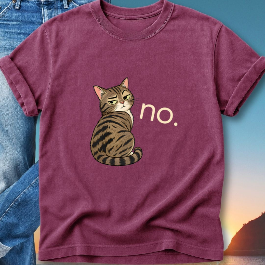 Maroon t-shirt with a grumpy tabby cat and "no." text.