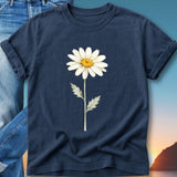 Navy t-shirt with a watercolor daisy graphic and rolled sleeves.