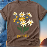 Brown t-shirt with a floral bouquet and "get wild." text.