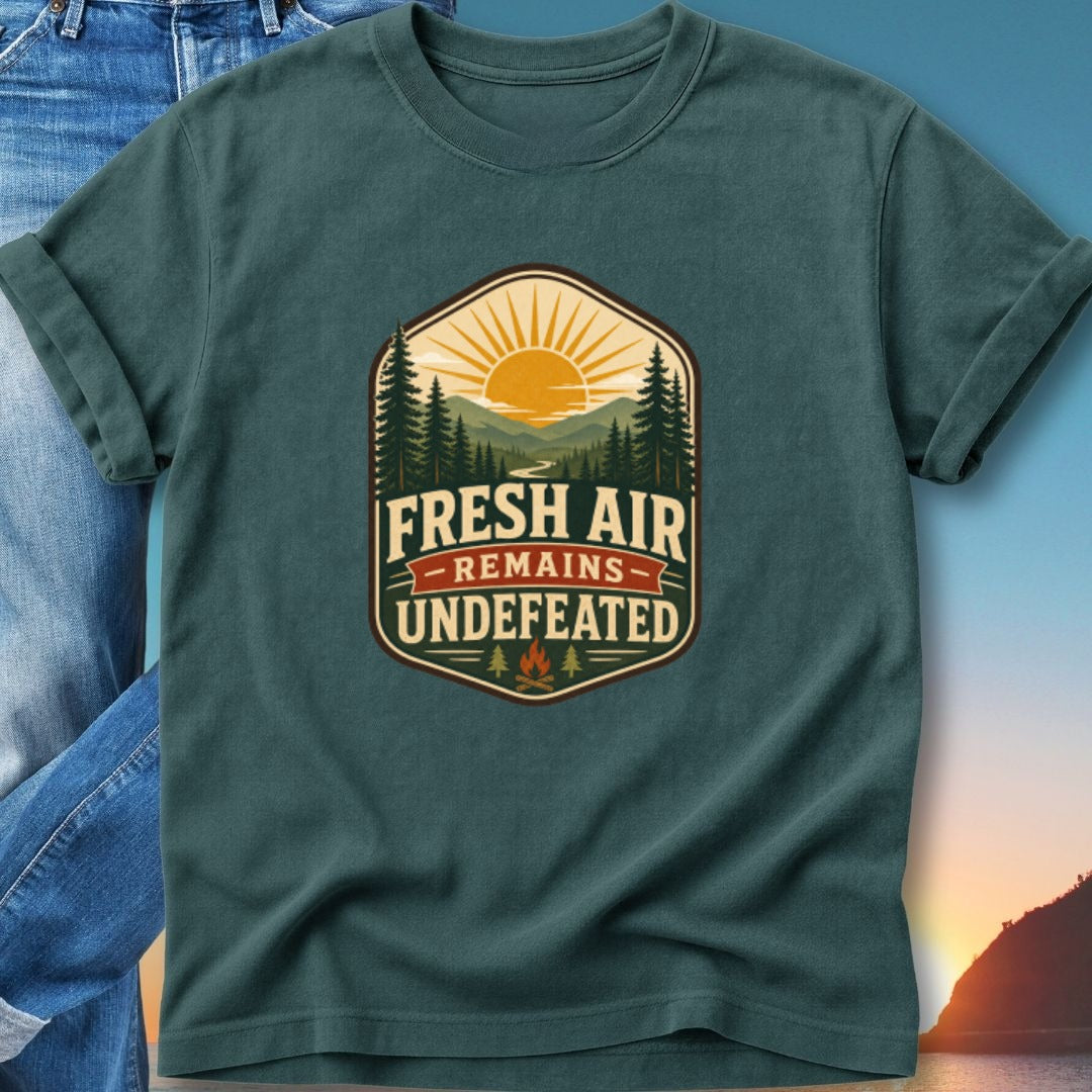 Dark green t-shirt with "Fresh Air Remains Undefeated" vintage sun and forest design.