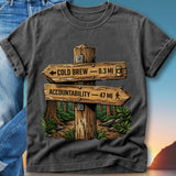 Wooden signpost with arrows pointing to "Cold Brew" and "Accountability."