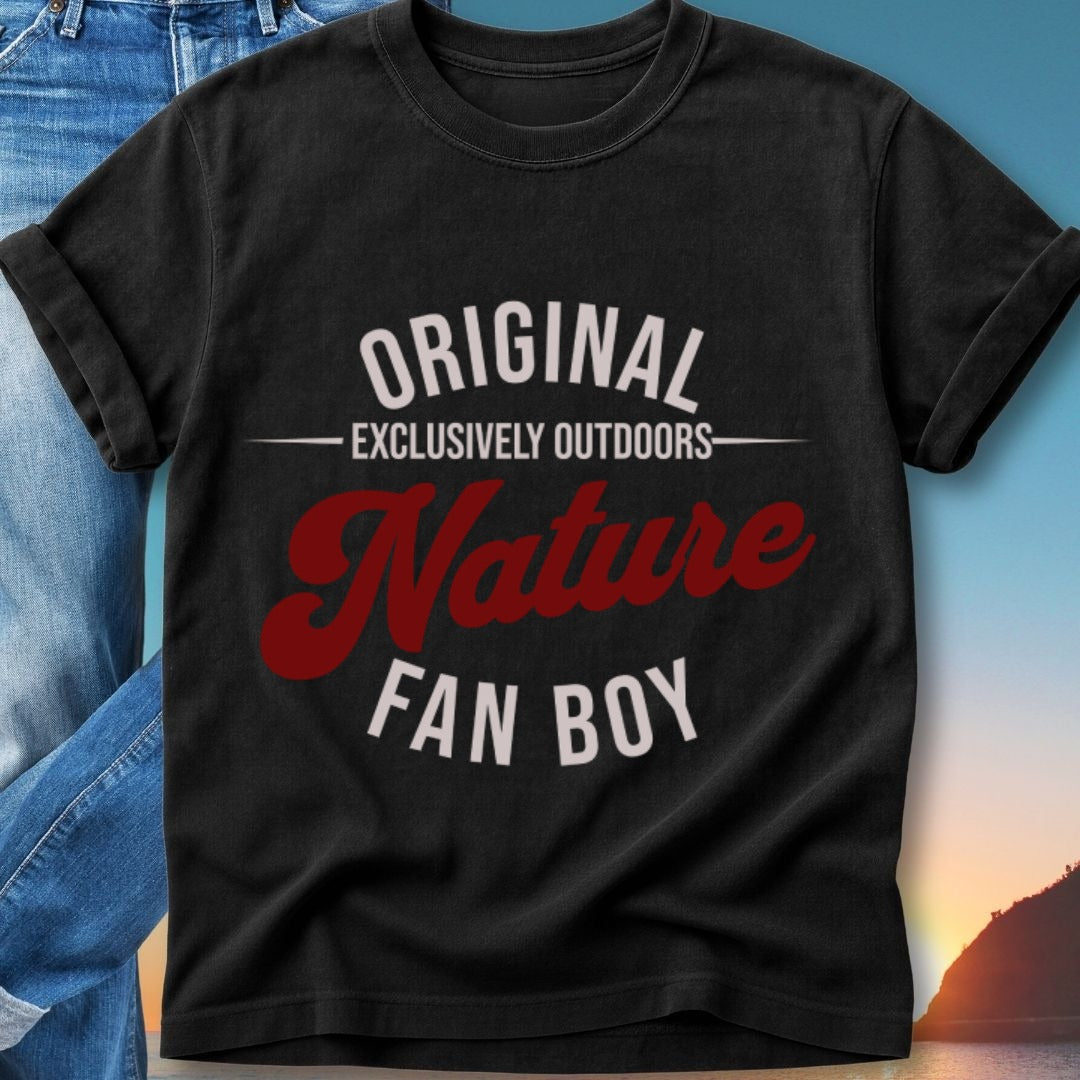 Black t-shirt with "ORIGINAL EXCLUSIVELY OUTDOORS Nature FAN BOY" text.