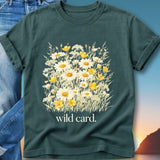 Dark teal t-shirt with "wild card." and a bouquet of wildflowers graphic.
