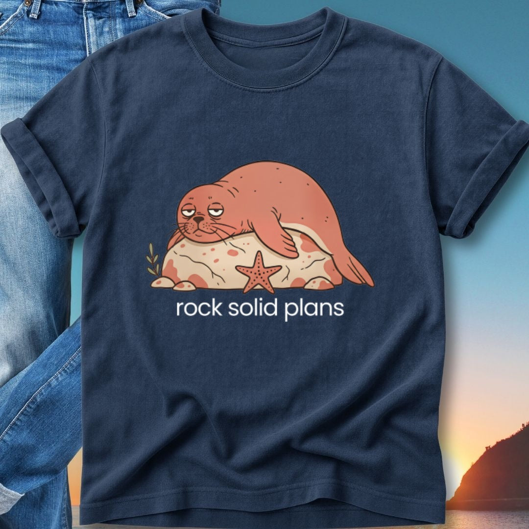 Navy t-shirt with cartoon seal on a rock with text "rock solid plans".