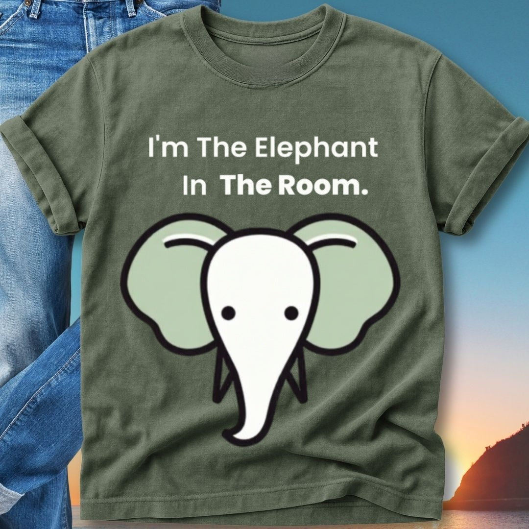 Green t-shirt with cartoon elephant and text "I'm The Elephant In The Room."