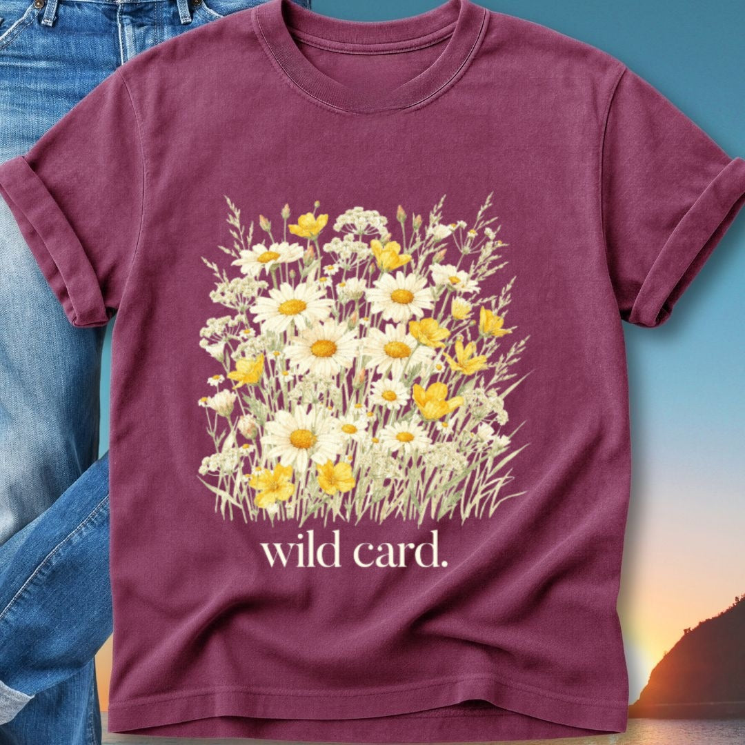 Burgundy t-shirt with a wildflower bouquet and "wild card." text.