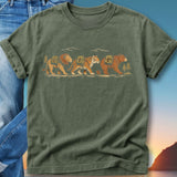Lion, tiger, and bear walking together in a line with backpacks.
