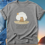Bear sitting under cloud with sun, "I LIKE PLACES THAT GIVE MY THOUGHTS ROOM."