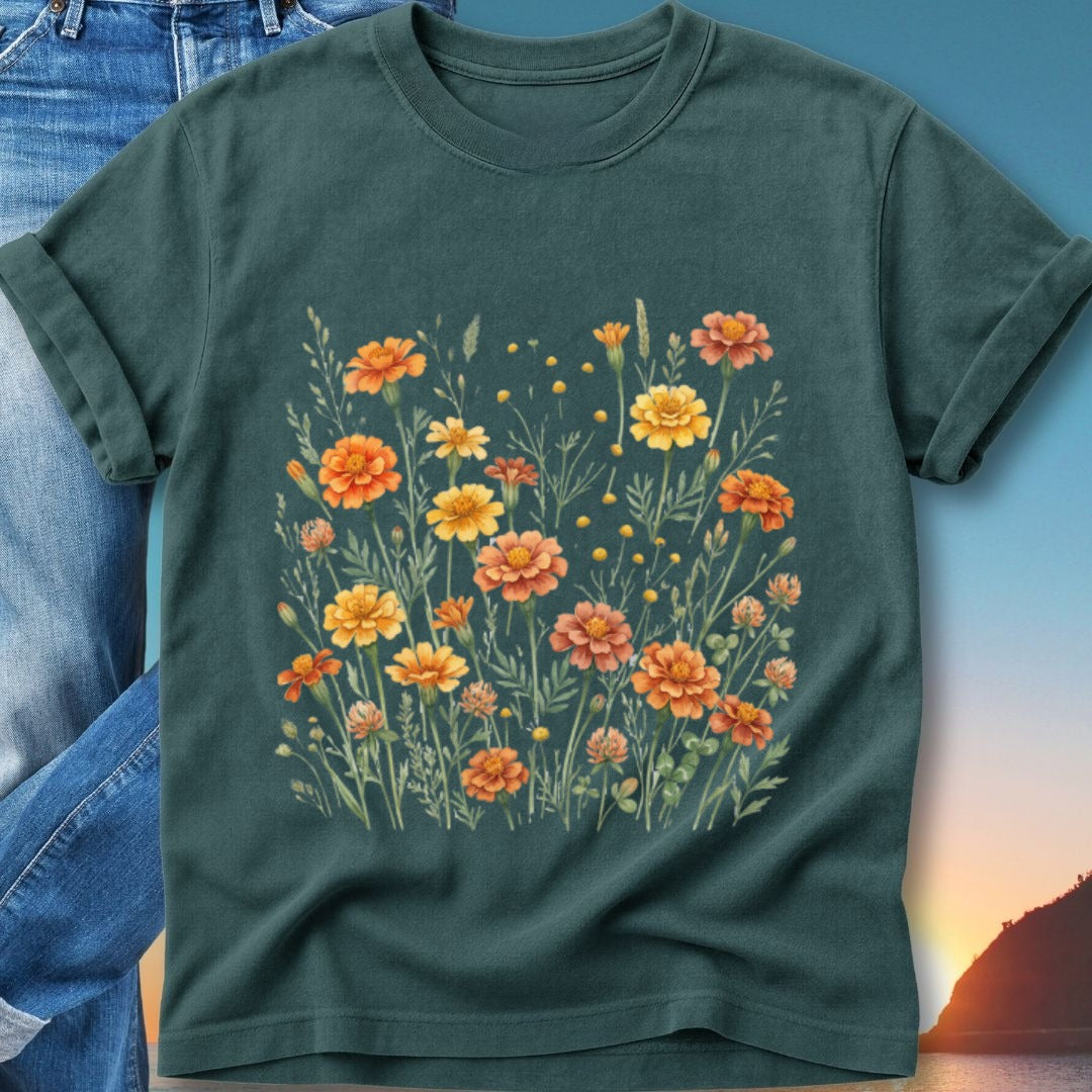 Dark teal t-shirt with a watercolor floral print featuring orange and yellow marigolds.