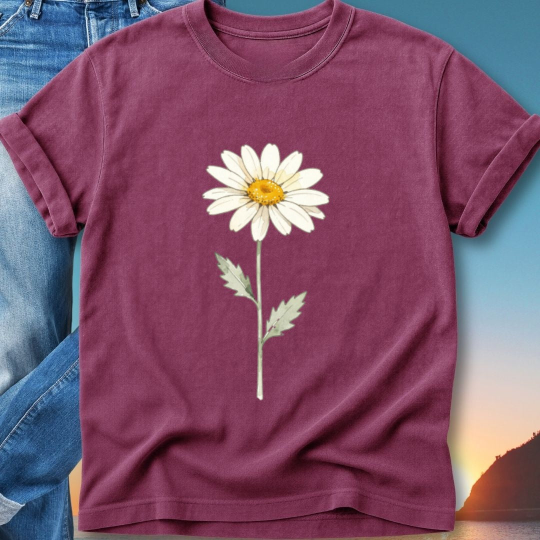 Burgundy t-shirt with a watercolor daisy illustration.