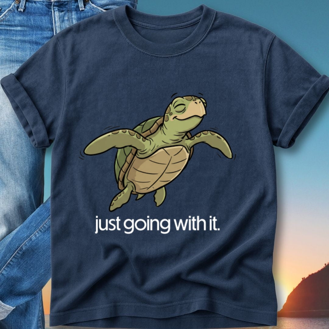 Navy t-shirt with cartoon turtle and text "just going with it."