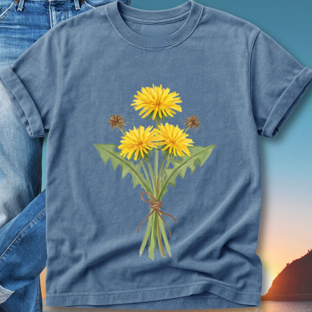 Blue t-shirt with a watercolor bouquet of three dandelions tied with twine.