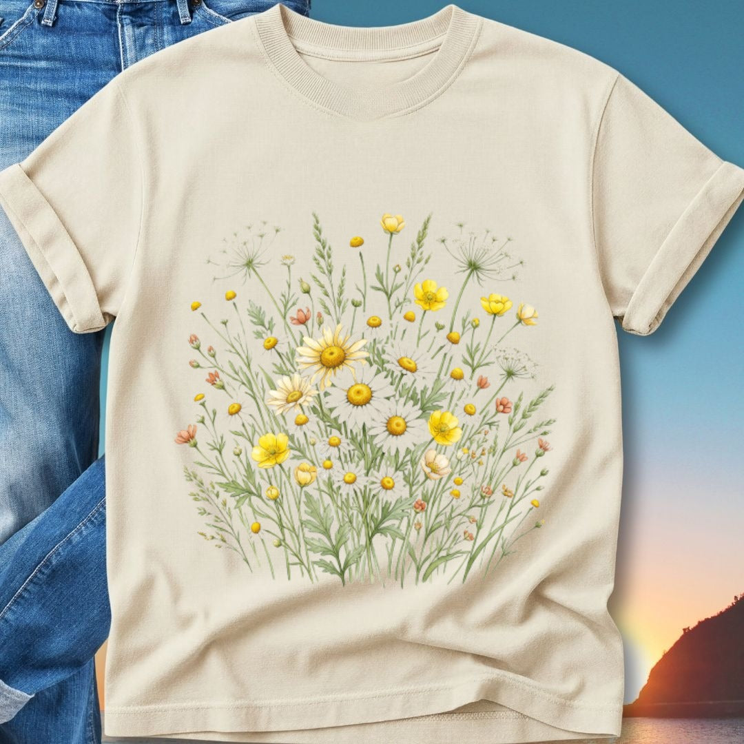 Cream t-shirt with a watercolor floral print of yellow and white wildflowers.