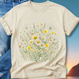 Cream t-shirt with a watercolor floral print of yellow and white wildflowers.