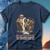 Sloth in a shopping cart reading a long receipt with humor text.