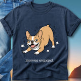 French bulldog in a playful pose with "zoomies engaged" text.