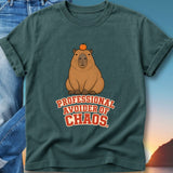 Capybara wearing an orange on its head with text "Professional Avoider of Chaos".