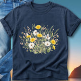 Navy t-shirt with a watercolor floral bouquet featuring dandelions and wildflowers.