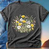 Dark grey t-shirt with a delicate watercolor floral bouquet centered on the chest.