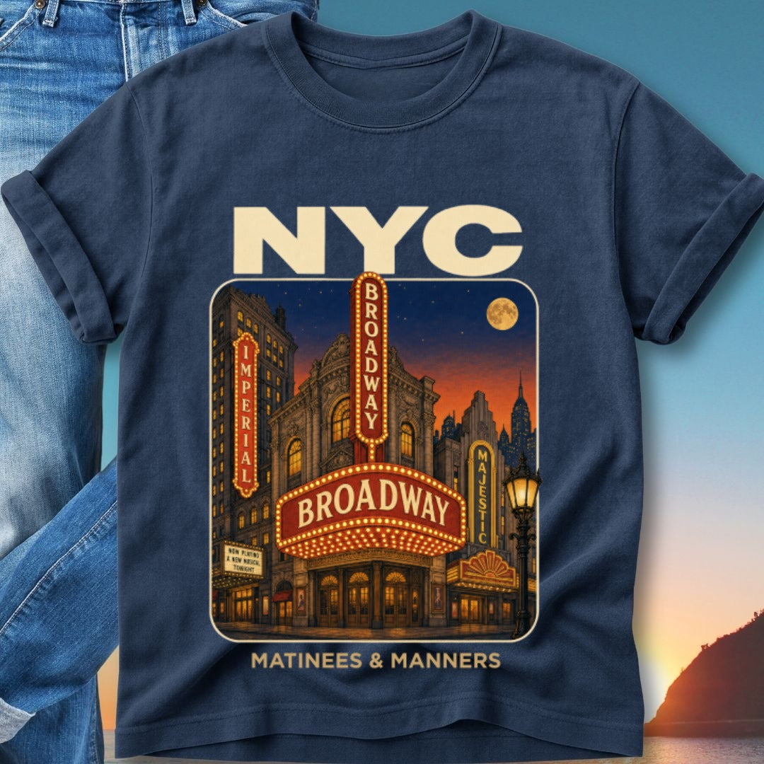 Navy t-shirt featuring "NYC BROADWAY" theater district scene and "MATINEES & MANNERS".