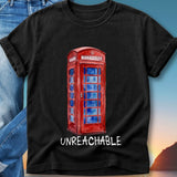 Black t-shirt with watercolor red phone booth graphic and "UNREACHABLE" text.