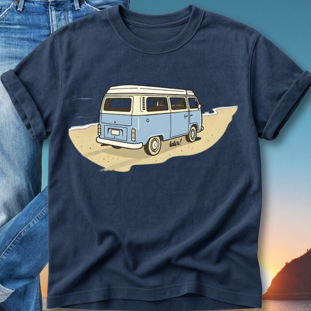 Blue van with "later!" on the beach.