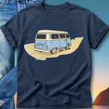 Blue van with "later!" on the beach.