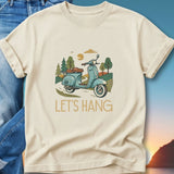 Light beige t-shirt with a vintage scooter illustration and "LET'S HANG" text.