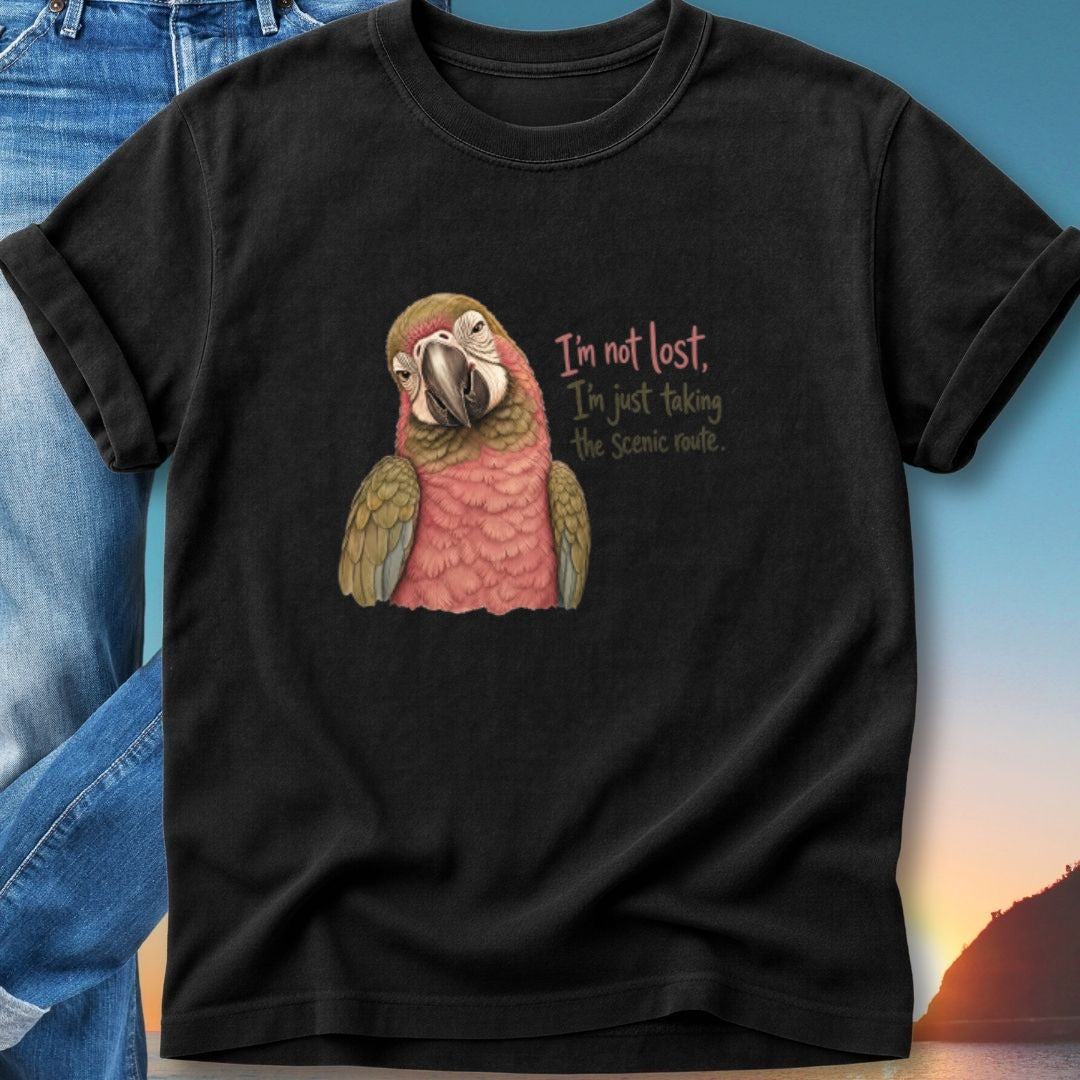 Black t-shirt with a parrot illustration and text "I'm not lost, I'm just taking the scenic route."