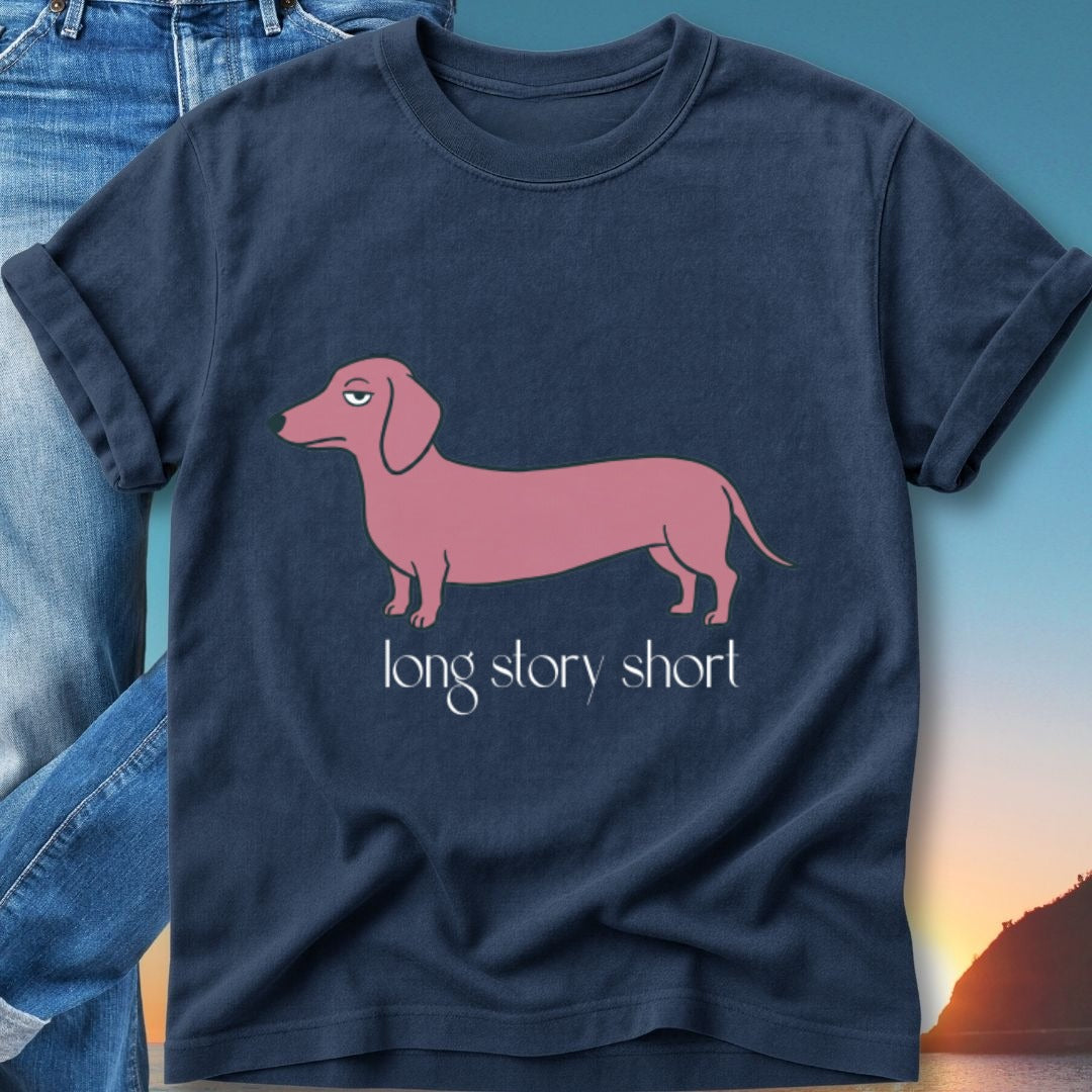 Navy t-shirt with pink dachshund graphic and text "long story short".