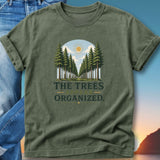 Olive green t-shirt with a graphic of a sunlit tree-lined avenue and "THE TREES ARE ORGANIZED."