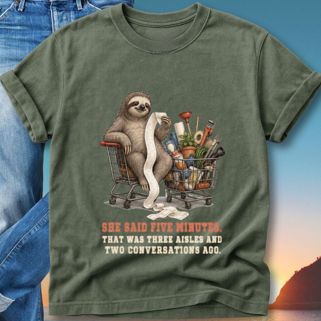 Sloth sitting in a shopping cart with tools and text: "She said five minutes. That was three aisles and two conversations ago."