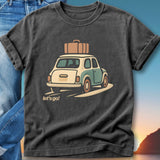 T-shirt with cartoon car packed with luggage and "let's go!" text.