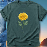 Dark teal t-shirt with a watercolor yellow marigold flower illustration.