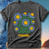Dark t-shirt with a cluster of blue flowers and the word "friendly."